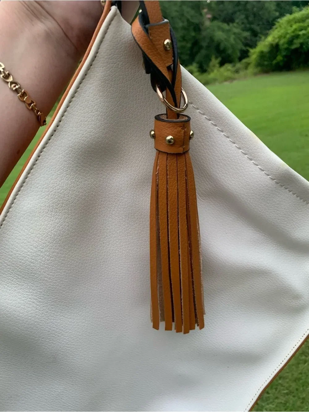 Sondra Roberts White and Tan Tote Bag with Tassel